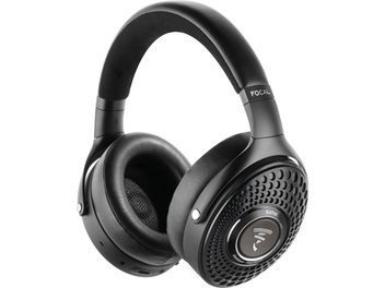 Trådlösa Bluetooth-hörlurar Focal Bathys deep black, sidovy, vadderad bygel, cirkulära kuddar, perforerat galler