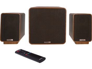 Enova HIFI VELA 2.1 8A kõlarikomplekt 2.1 koos kahe ristkülikukujulise satelliidi ja ühe kuubikujulise keskse subwooferiga, puidust viimistlus, must pult