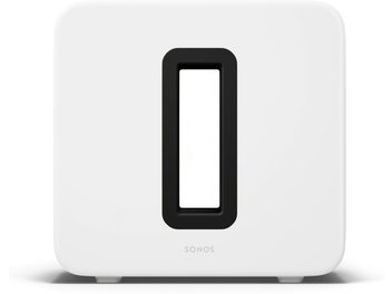 Caisson de grave Sub (Gen 4) blanc, vue de face, forme carrée, ouverture centrale rectangulaire noire, pieds discrets