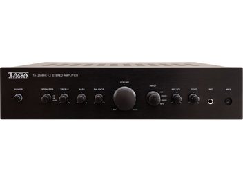 Ενισχυτής hi-fi στερεοφωνικός Taga Harmony TA-250MIC v2, όψη από μπροστά, κουμπιά ρύθμισης της έντασης, των πρίμων, των μπάσων, της ισορροπίας, των εισόδων, της έντασης του μικροφώνου, του ηχώ, υποδοχές μικροφώνου και MP3