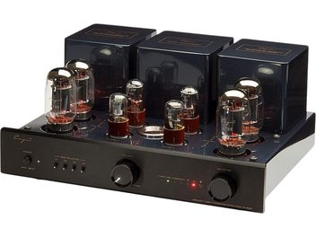 Cayin CS-88A KT88 stereo tube integrated amplifier, midnight blue metal chassis with brushed black aluminum front panel, eight visible glass tubes and three square rear transformers, shown from a slightly elevated front right three-quarter angle