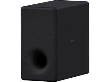 Εντοιχιζόμενο υπογούφερ Sony SA-SW3, κυβική μορφή, μαύρο χρώμα, προοπτική όψη, το λογότυπο Sony ορατό στο πλάι.