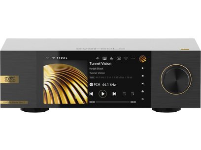 Netværkslydafspiller EverSolo DMP-A6 Master Edition Gen 2 sort med centralt skærm, der viser musikoplysninger, og drejeknap til højre
