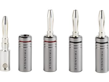 Quattro jack a banana Triangle BP400 in metallo argentato con banda rossa, di diverse dimensioni, allineati verticalmente