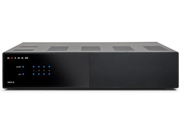 Amplificatore di potenza multicanale Anthem MDX8 nero, vista frontale, 4 LED blu accesi, 4 porte LAN, pannello frontale trama