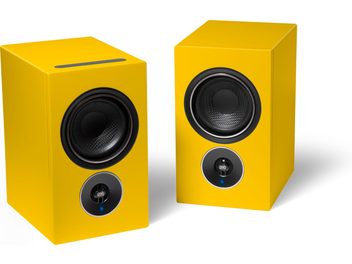 Enceintes sans fil connectées PSB Alpha iQ jaune, 2 haut-parleurs cubiques jaunes avec haut-parleurs noirs circulaires