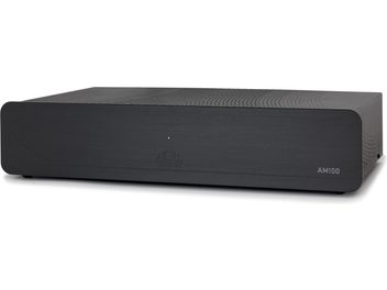Atoll AM100 Signature black power amplifier, front view, elongated rectangular shape, matte black front panel and metal grille