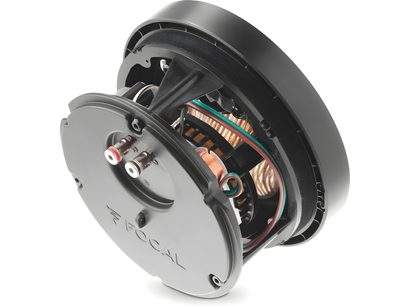 Enceinte encastrable Focal 300 ICW8 gris métallisé, vue en coupe latérale montrant les haut-parleurs et composants internes