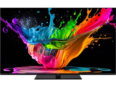 Téléviseur Panasonic TX-65MZ800E affichant une explosion de couleurs vives et fluides sur un fond noir