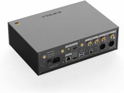 Δικτυακός αναπαραγωγέας ήχου EverSolo DMP-A6 Gen 2, πίσω όψη υπό γωνία, συνδέσεις RCA, XLR, HDMI, USB, LAN, οπτικές και τροφοδοσία.