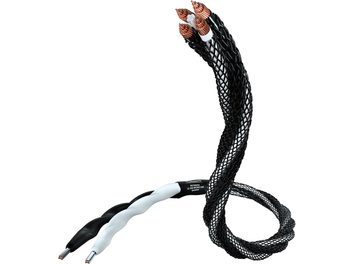 Câble noir tressé avec connecteurs cuivrés aux extrémités, courbé en forme de main avec doigts écartés