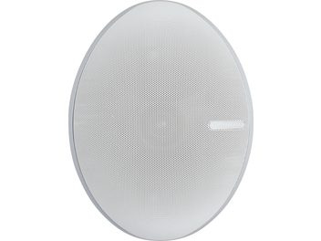 Zewnętrzny głośnik Monitor Audio V240 w kolorze białym, okrągły, z perforowaną metalową maskownicą, szarym logo i jasnoszarą obwódką