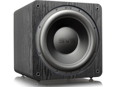SVS SB-2000 Pro black ash subwoofer, front view, dark wood enclosure, black circular speaker in the center, SVS logo