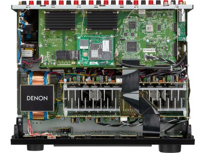 Denon AVC-X3800H sort hjemmebiografsforstærker, indvendigt syn af elektroniske komponenter, grønne printplader, kølelegemer, stik