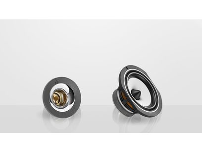 Two black Triangle Voce EZ series chestnut speakers, one viewed from the front and the other from the side, with a golden tweeter