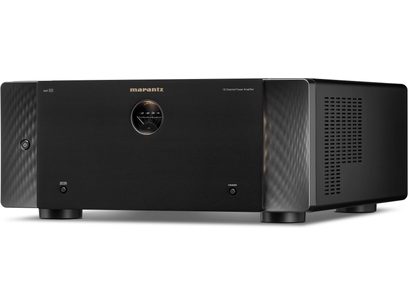 Amplificatore di potenza multicanale Marantz AMP 10 nero, vista frontale, pannello con pulsanti e display, due lati con griglie di ventilazione