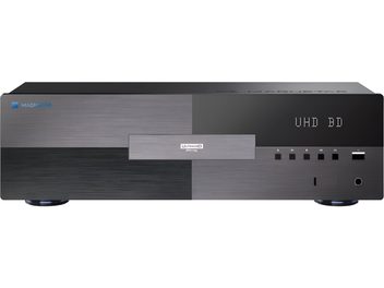 Magnetar UDP900 4K Blu-ray-afspiller i sort børstet aluminium, multi-zone, set forfra med centralt UltraHD-diskdrev, LED-display med teksten "UHD BD" til højre, fem firkantede knapper, USB-port og rund knap på frontpanelet