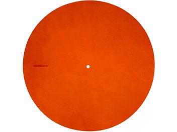 Turntable platter cover Bringhs, circular, orange finish, central hole, top view, Bringhs logo visible