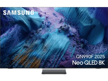 Téléviseur Samsung QN990F 2025 Neo QLED 8K à cadre noir métallique ultra‑fin, écran plat en vue de face, support central gris métal brossé
