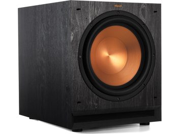 Klipsch SPL-120 bassikõlar, vaade nurga alt, musta tekstuuriga korpus, keskel ümmargune vasekarva kõlarielement, mattmusta äärega