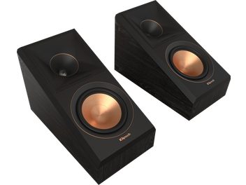 Two Klipsch RP-500SA II ebony edition 2022 black speakers, shown from the front and three-quarter rear view, with a trapezoidal shape