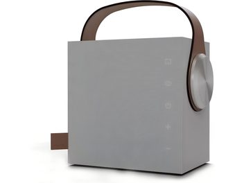 Enceinte Bluetooth portable Morel Biggie blanc, boîtier cubique en plastique mat blanc avec poignée arquée marron, large molette latérale argentée, icônes tactiles discrètes sur la façade, vue de trois-quarts avant droite