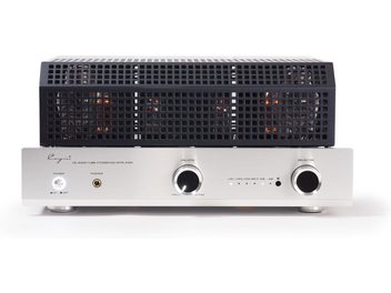 Cayin CS-300A silver stereo tube integrated amplifier, front view, brushed aluminum front panel with large central volume knob, small backlit power button and headphone jack on the left, rotary selector and indicator lights on the right, black perforated top cover revealing the tubes