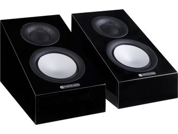 Two Dolby Atmos Monitor Audio Silver AMS 7G speakers in black lacquer, top perspective view showing the top surfaces