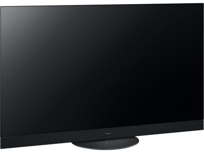 Téléviseur haute définition Panasonic TV-55Z95AEG, écran noir, vue de trois quarts, pied circulaire, bordures fines