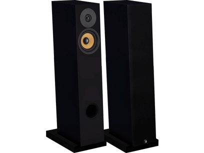 Davis Acoustics Courbet No. 4 floor-standing speaker in matte black, front and three-quarter view, featuring 2 circular drivers and a bass-reflex port.