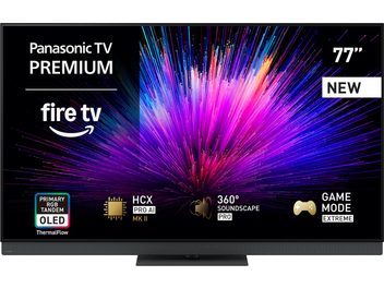 Τηλεόραση Panasonic TV-77Z95B μαύρη, με λεπτό πλαστικό πλαίσιο και κεντρική μεταλλική βάση, επίπεδη οθόνη OLED 77 ιντσών, όψη από μπροστά