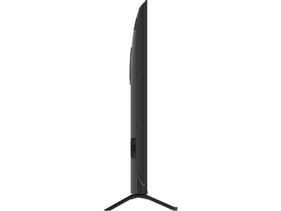 Panasonic TV-65W95BEG high-definition television in matte black plastic, side view, slim profile with slight rear curve and double V-stand feet