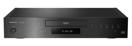 Panasonic DP-UB9000 sort Blu-ray-afspiller, set forfra, blå LED-display, knapper på frontpanelet, USB-port
