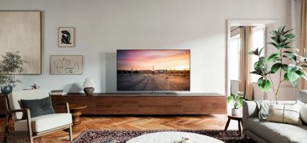 Sala moderna con televisor de pantalla plana sobre mueble de madera, sillón, sofá, mesa de centro, plantas, parquet en espiga, cuadros
