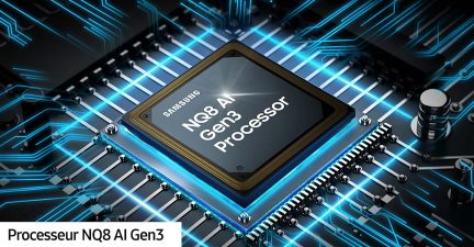 Processeur NQ8 AI Gen3 Samsung sur circuit imprimé éclairé en bleu, vue rapprochée de face