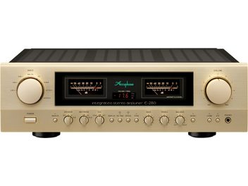 Ampli hi-fi intégré stéréo E-280, vue de face, finition dorée, 2 grands boutons circulaires, 2 écrans avec aiguilles, 9 petits boutons