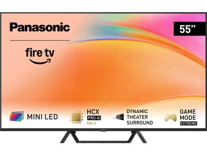 Τηλεόραση υψηλής ευκρίνειας Panasonic TV-55W95BEG 55 ιντσών, λεπτό πλαστικό μαύρο πλαίσιο, οθόνη που εμφανίζει μια πορτοκαλί απόχρωση και τοποθετημένη σε διπλό κεντρικό πόδι σε σχήμα αντεστραμμένου V, μπροστινή όψη
