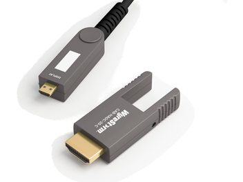 Câble HDMI Wyrestorm CAB-HAOC-40-C gris foncé, connecteurs dorés, vue de dessus et de côté