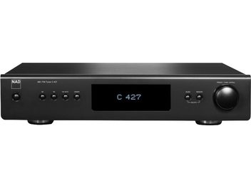 NAD C 427 svart tuner, frontpanel med blå display, 6 knappar och ratt, framifrån
