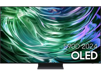 Højdefinitions-tv TQ55S90D 2024 --KOPI-- 78613, OLED-skærm, forside, abstrakt grøn og lilla billede