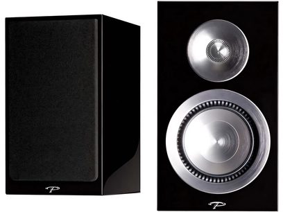 Ηχείο βιβλιοθήκης Paradigm Prestige 15B μαύρο λακαριστό, όψη από μπροστά, δύο κυκλικοί ασημένιοι ηχεία, μαύρη γρίλια