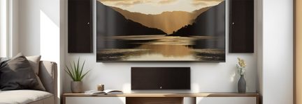 Salon avec canapé, table basse, meuble en bois, vase, plante, écran mural affichant un paysage, 3 enceintes noires fixées