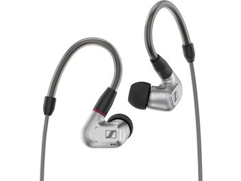 Sennheiser IE 900 austiņas, pelēks vītais kabelis, melni austiņu uzgaļi, birstēta metāla korpuss