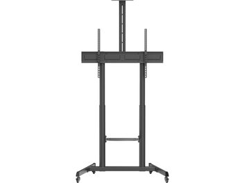 Norstone Pro Vision Max black steel TV stand, front view, two tubular uprights connected by a perforated horizontal bar, slotted central column extending the structure, and V-shaped base with four casters