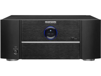 Πολυκάναλος ενισχυτής ισχύος Marantz MM8077 σε μαύρο χρώμα, μπροστινή όψη, φωτεινό μπλε περιστρεφόμενο κουμπί στο κέντρο, δύο μαύρα περιστρεφόμενα κουμπιά στις πλευρές