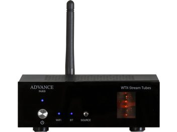 Δικτυακός αναπαραγωγέας ήχου Advance Paris WTX-Stream Tubes, μπροστινή όψη, με κεραία, κουμπιά WiFi/BT/SOURCE και λαμπτήρες κενού φωτισμένους με κόκκινη λάμψη