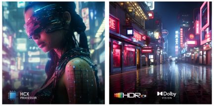 Vue de profil d'une personne avec visière technologique, rue urbaine nocturne éclairée par néons, logos HCX Processor, HDR10+, Dolby Vision