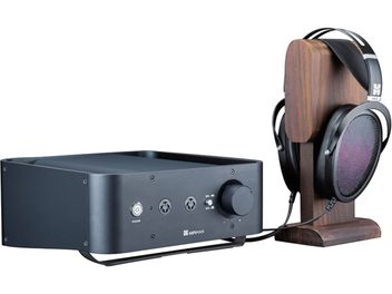 Casque hifi ouvert Hifiman Jade II System et amplificateur Hifiman en métal noir, vue de face et de profil