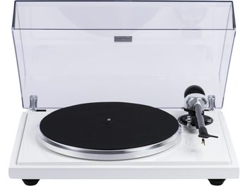 Platine vinyles hi-fi EAT European Audio Team B-Sharp blanc, vue de face, couvercle transparent, plateau noir, bras argenté
