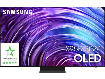 Téléviseur Samsung S95D OLED 2024, écran incurvé aux couleurs violettes et bleues, logo étoiles vertes en bas à gauche